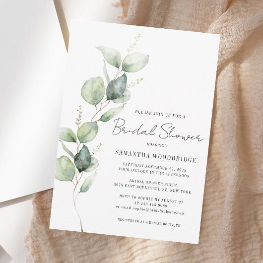 Elegant Watercolor Eucalyptus Script Bridal Shower 招待状