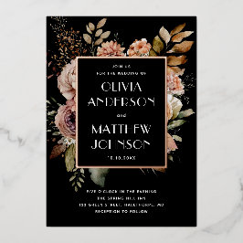 Elegant watercolor fall floral gold black wedding 箔招待状
