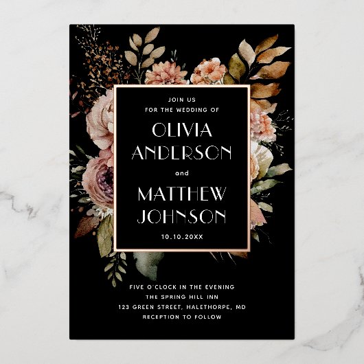 Elegant watercolor fall floral gold black wedding 箔招待状 (正面)