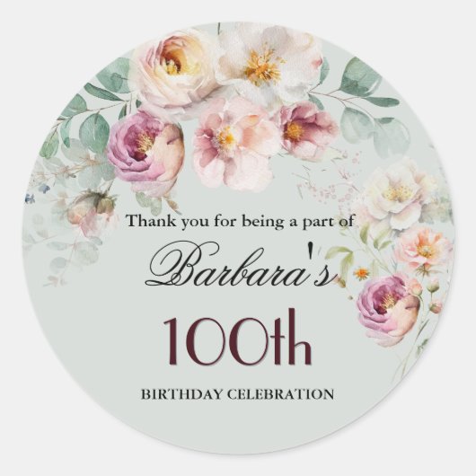 Elegant Watercolor Floral 100th Birthday Welcome ラウンドシール (正面)