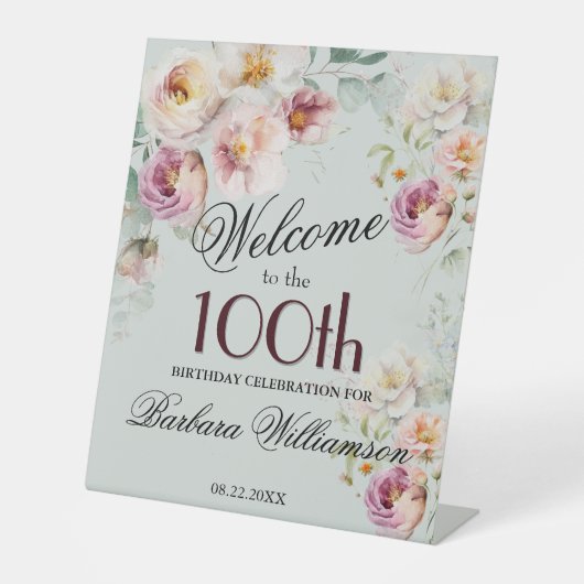 Elegant Watercolor Floral 100th Birthday Welcome 台座サイン (正面)