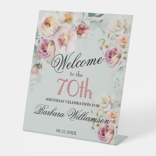 Elegant Watercolor Floral 1070th Birthday Welcome  台座サイン (正面)