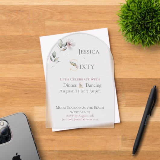 Elegant Watercolor Floral 60th Birthday Frosted アクリル招待状 (インサイチュ (招待状))