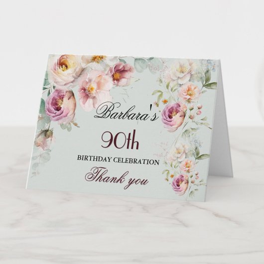 Elegant Watercolor Floral 90th Birthday Party  サンキューカード