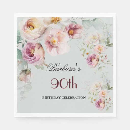 Elegant Watercolor Floral 90th Birthday Party スタンダードランチョンナプキン (正面)
