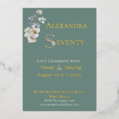 Elegant Watercolor Floral BlueGreen 70th Birthday  箔招待状 (正面)