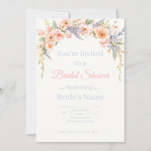Elegant Watercolor Floral Bridal Shower Invitation 招待状 (正面)