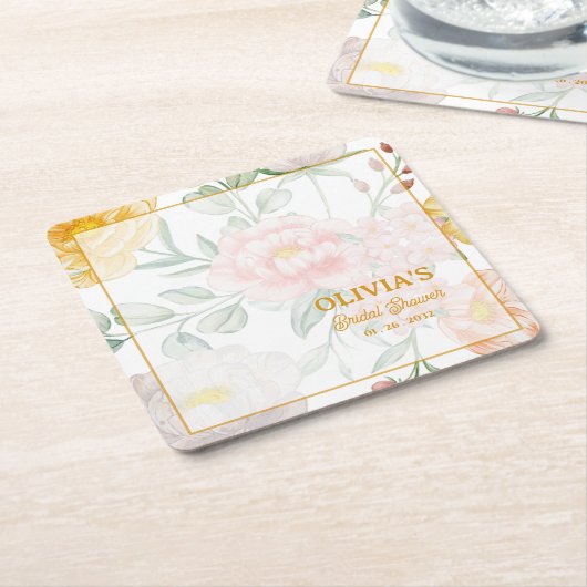 Elegant Watercolor Floral Bridal Shower Party スクエアペーパーコースター (アングル)