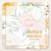 Elegant Watercolor Floral Bridal Shower Party スクエアペーパーコースター (正面)