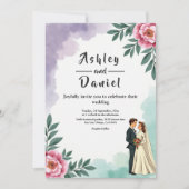 Elegant Watercolor Floral Bride And Groom Wedding 招待状 (正面)