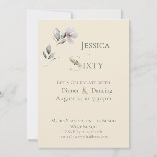 Elegant Watercolor Floral Cream 60th Birthday  招待状 (正面)