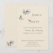 Elegant Watercolor Floral Cream 60th Birthday  招待状 (正面/裏面)