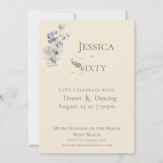 Elegant Watercolor Floral Cream 60th Birthday  招待状 (正面)