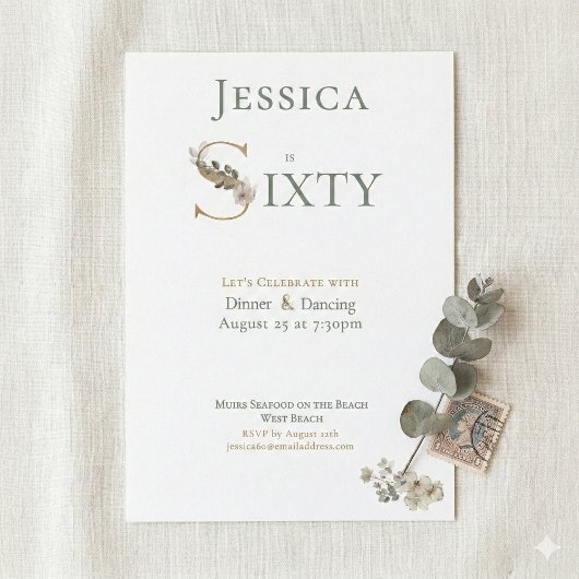 Elegant Watercolor Floral Cream 60th Birthday  招待状