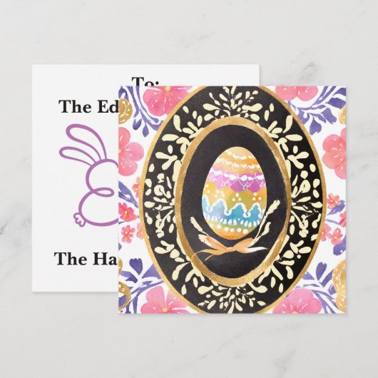 Elegant Watercolor Floral Easter Egg with Gold  シーズンカード (正面/裏面)