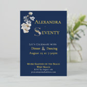 Elegant Watercolor Floral Navy 70th Birthday  箔招待状 (立ち正面)