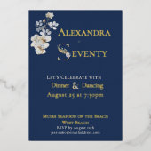 Elegant Watercolor Floral Navy 70th Birthday  箔招待状 (正面)