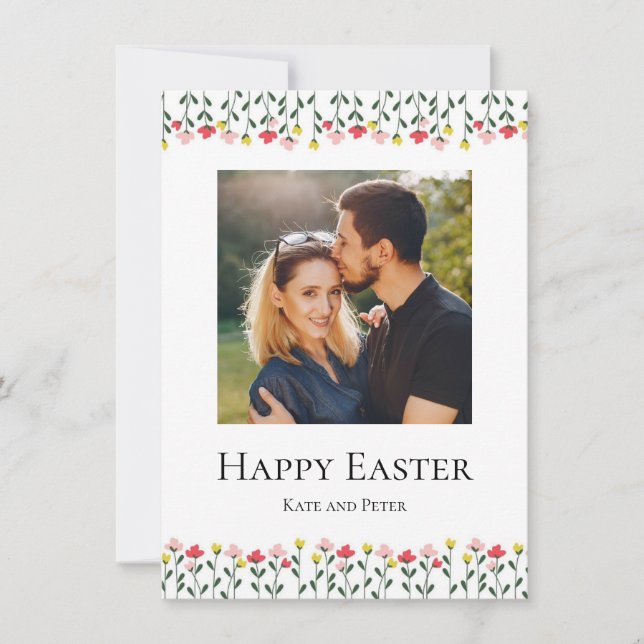 Elegant Watercolor Floral Photo Happy Easter Card (正面)