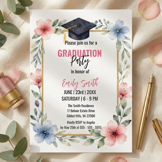 Elegant Watercolor Floral Pink Blue Graduation 招待状