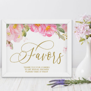Elegant Watercolor Floral Pink Gold Favors Sign ポスター
