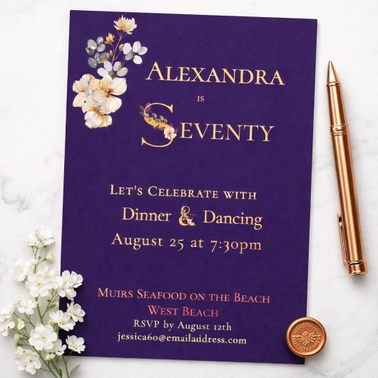 Elegant Watercolor Floral Plum 70th Birthday Rose 箔招待状