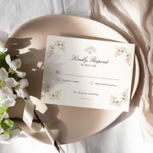 Elegant Watercolor Floral Rococo Wedding 出欠カード