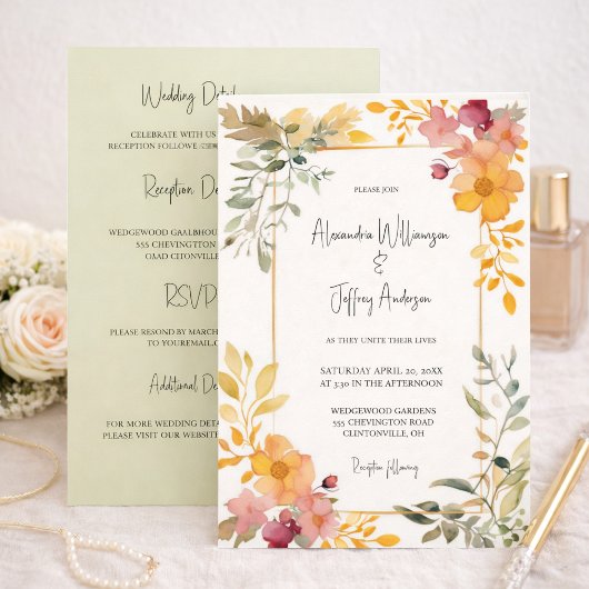 Elegant Watercolor Floral Wedding Invitation 招待状