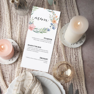 Elegant Watercolor Floral Wreath Wedding Menu Card メニュー
