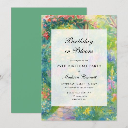 Elegant Watercolor Garden Adult Birthday Party 招待状 (正面/裏面)
