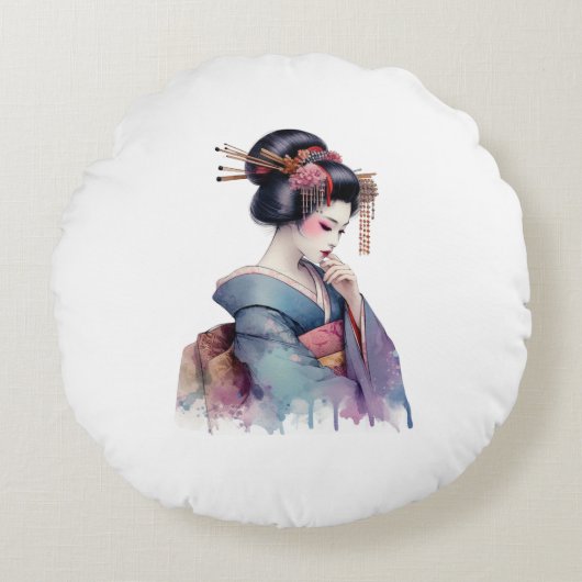 Elegant Watercolor Geisha in Soft Teal and Plum ラウンドクッション (正面)