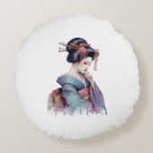 Elegant Watercolor Geisha in Soft Teal and Plum ラウンドクッション (裏面)