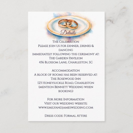 Elegant Watercolor Golden Rose Wedding Rings エンクロージャーカード (正面)