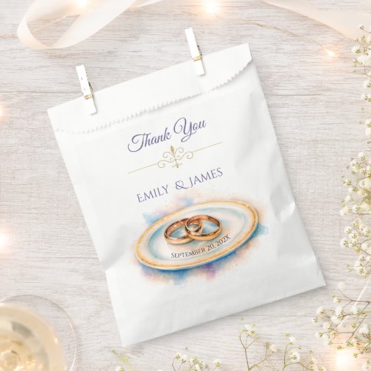 Elegant Watercolor Golden Rose Wedding Rings フェイバーバッグ (クリップ留めされた状態)