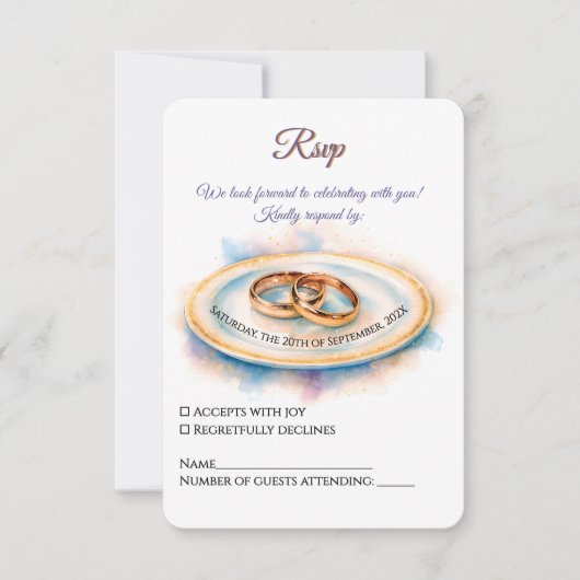 Elegant Watercolor Golden Rose Wedding Rings 出欠カード (正面)