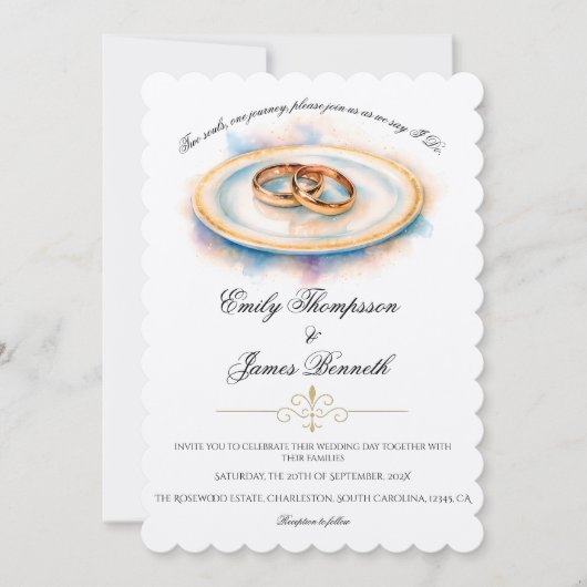 Elegant Watercolor Golden Rose Wedding Rings 招待状 (正面)