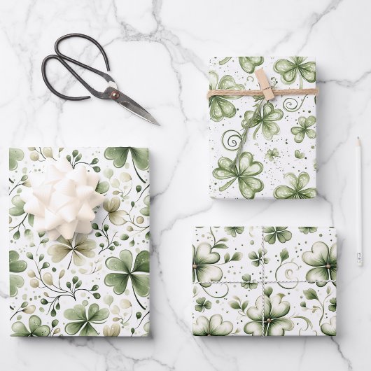 Elegant Watercolor Green Shamrocks Patterns ラッピングペーパーシート
