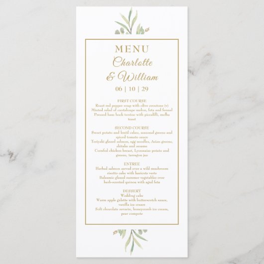 Elegant Watercolor Greenery Gold Dinner Menu メニュー (正面)