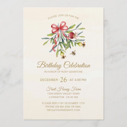 Elegant Watercolor Greenery Pomegranate Birthday 招待状 (正面)