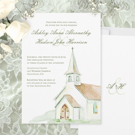 Elegant Watercolor Hand-painted Chapel Wedding  招待状