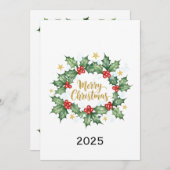 Elegant Watercolor Holly Merry Christmas 招待状 (正面/裏面)