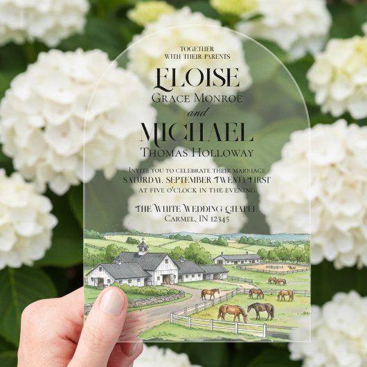 Elegant Watercolor Horse Stable Barn Wedding アクリル招待状
