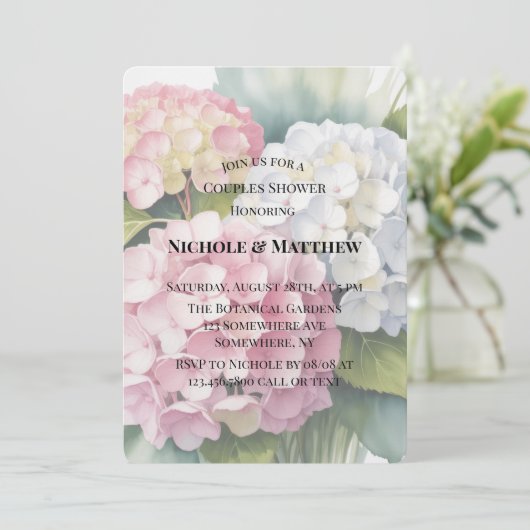 Elegant Watercolor Hydrangea Couples Shower 招待状 (スタンド正面)