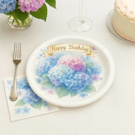 Elegant Watercolor Hydrangea Floral Birthday Party ペーパープレート