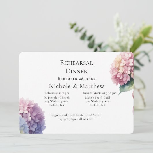 Elegant Watercolor Hydrangeas Rehearsal Dinner 招待状 (スタンド正面)