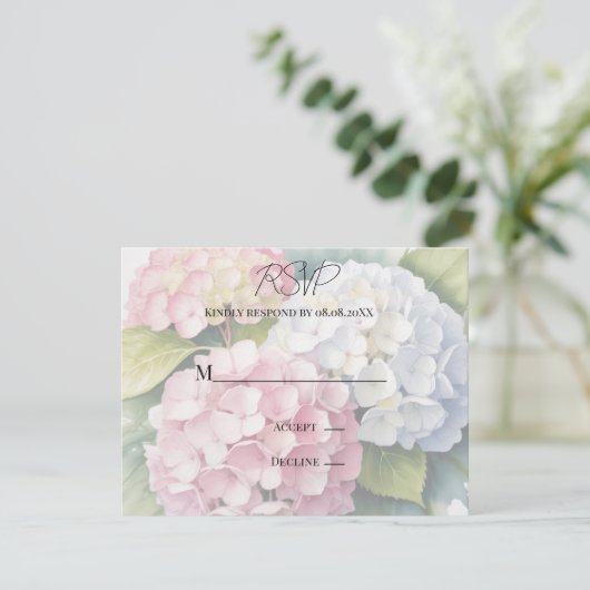 Elegant Watercolor Hydrangeas Wedding 出欠カード (スタンド正面)