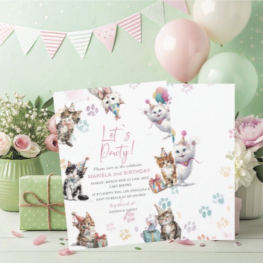 Elegant  Watercolor Kitten Cat 2nd Birthday  invit 招待状