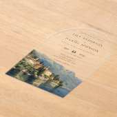 Elegant Watercolor Lake Como Italian Wedding Arch アクリル招待状 (レイダウン)