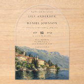 Elegant Watercolor Lake Como Italian Wedding Arch アクリル招待状 (正面)