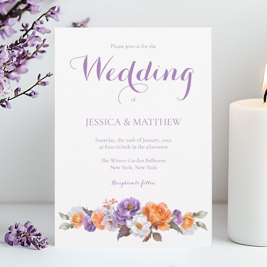 Elegant Watercolor Lavender Floral Script Wedding 招待状