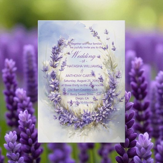 Elegant Watercolor Lavender Wedding Rustic 招待状